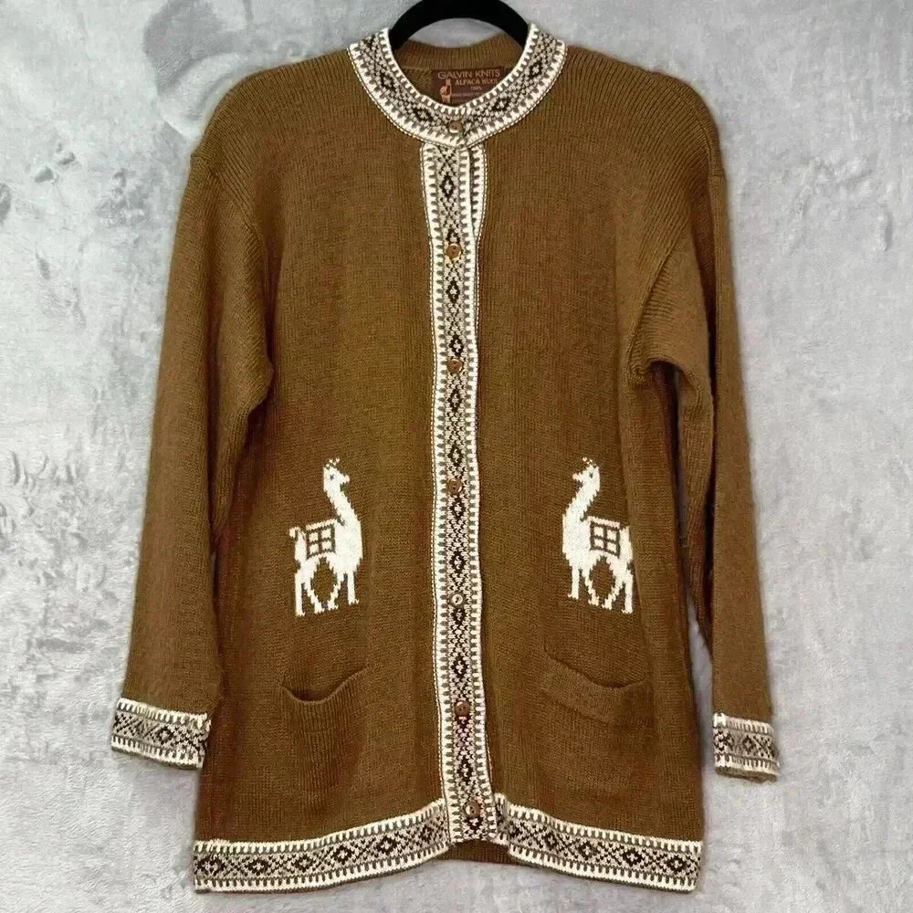 Galvin Knits Alpaca Cardigan Peru Soft‎ Fuzzy VTG Brown White Southwestern Sz M